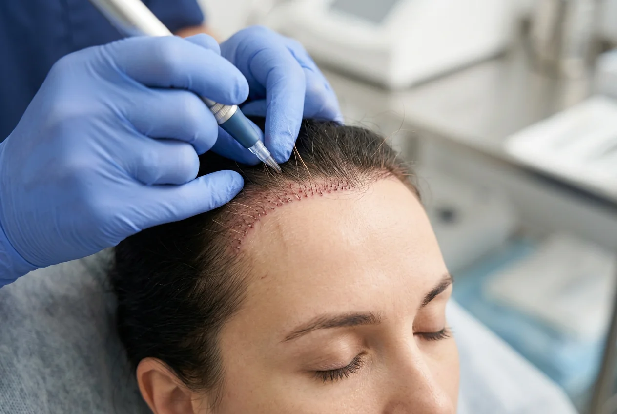 Close-up van een haarlijnverlaging procedure met DHI techniek