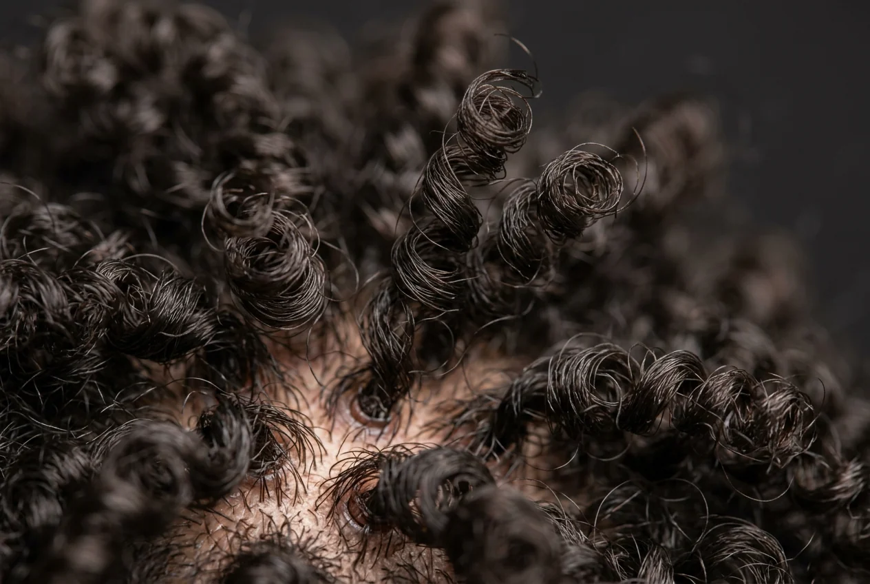Extreme close-up van kroeshaar follikels en krulpatroon na een haartransplantatie