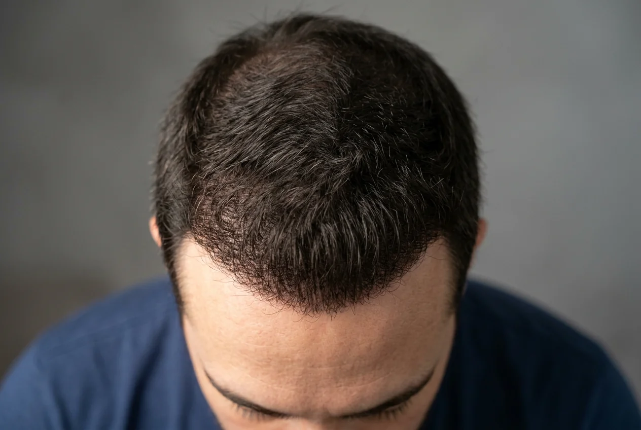 Bovenaanzicht van een mannenhoofd met dunner wordend haar aan de voorste haarlijn