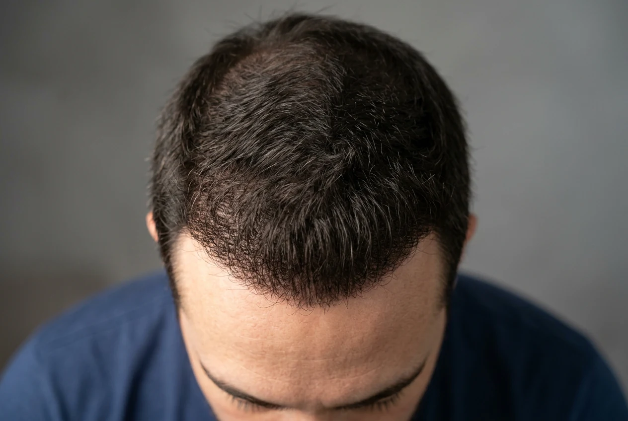 Bovenaanzicht van een mannenhoofd met dunner wordend haar aan de voorste terugkerende haarlijn