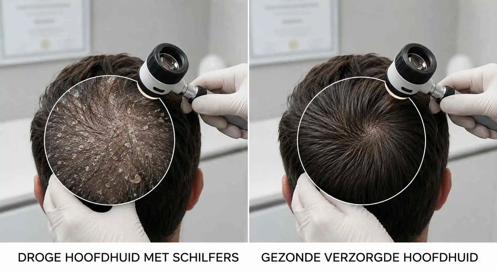 droge hoofdhuid met schilfers naast een gezonde hoofdhuid