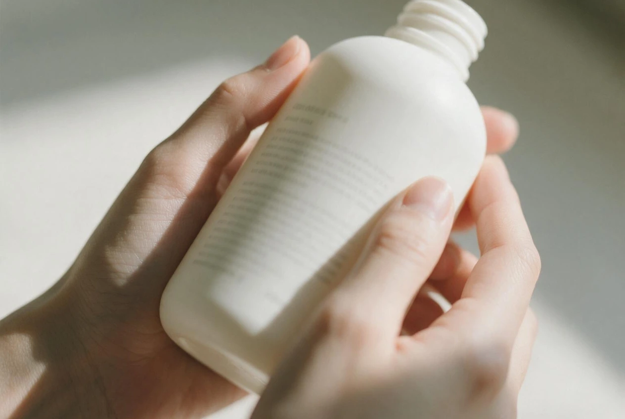 ingrediรซntenlijst controleren op de achterkant van een natuurlijke shampoo.