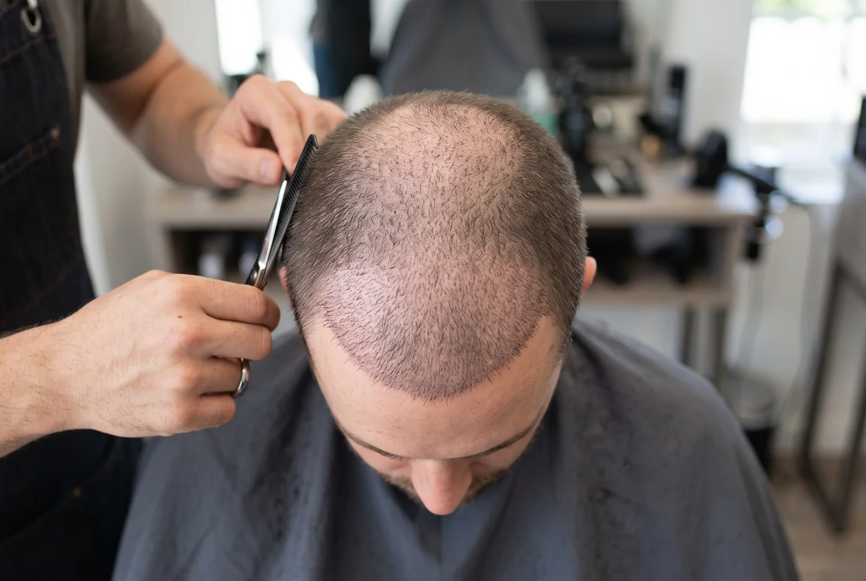 Kapper werkt het donorgebied achter op het hoofd bij na een haartransplantatie.