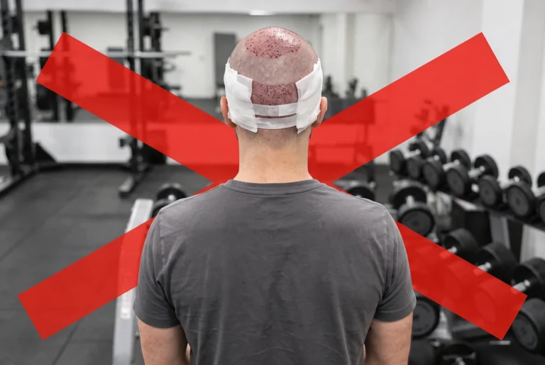 Geen fitness na haartransplantatie in de eerste dagen, donorgebied nog afgedekt.