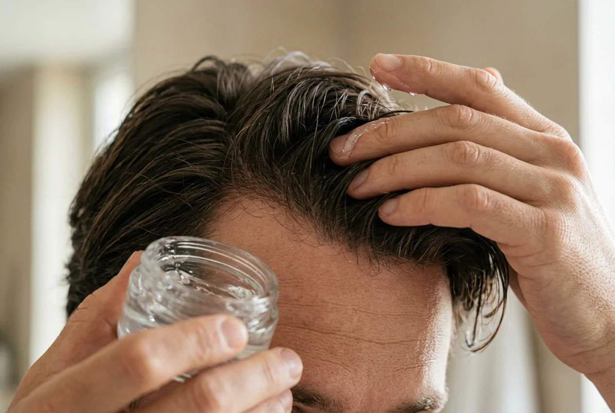 Gel aanbrengen op het haar na een haartransplantatie met de vingertoppen.
