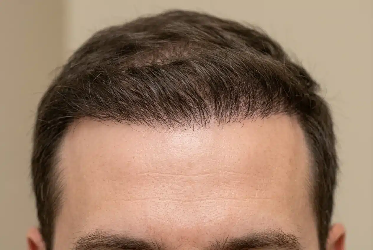 Haargroei na haartransplantatie na twaalf maanden met dikkere haren en een vollere haarlijn.
