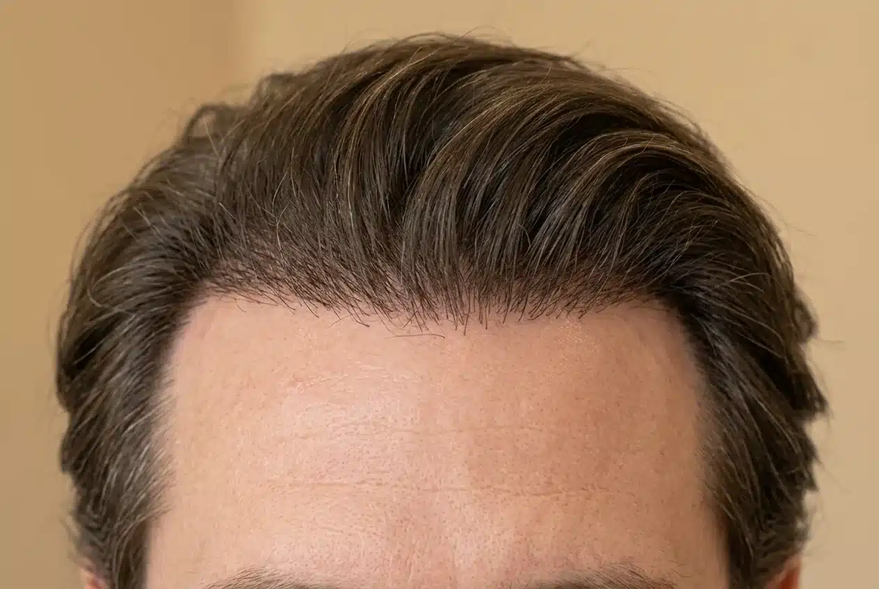 Haargroei na haartransplantatie na zes maanden met langer wordende haren en toenemende haardichtheid.