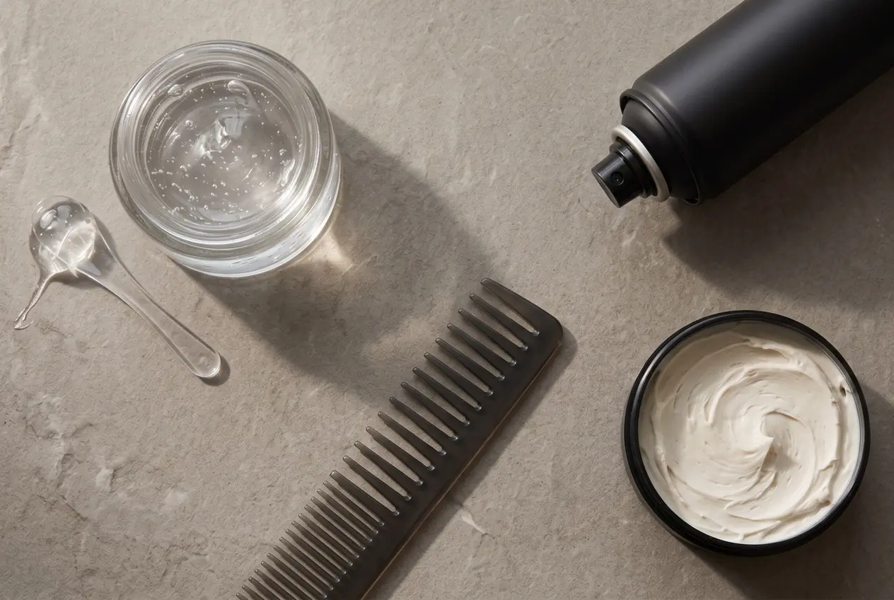 Haargel, wax en haarspray met verschillende texturen voor haarstyling na een haartransplantatie.