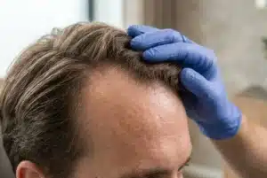 Haartransplantatie aan het voorhoofd om de haarlijn te verlagen.