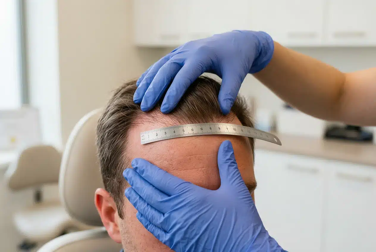 Arts beoordeelt de haarlijn voor een haartransplantatie aan het voorhoofd.