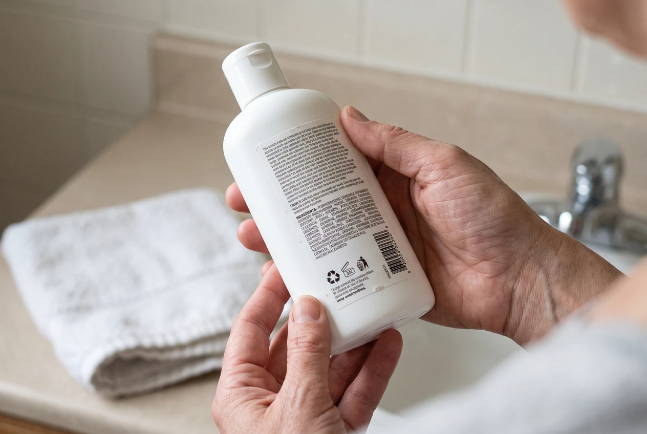 Ingrediëntenlijst van een milde shampoo bekijken na een haartransplantatie.