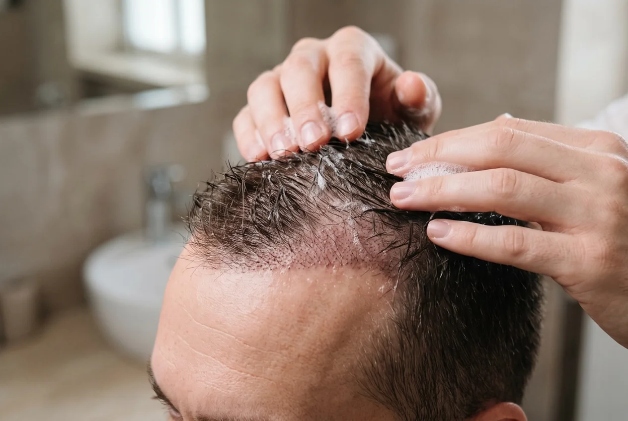 De hoofdhuid voorzichtig wassen met shampoo na een haartransplantatie.