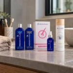 Welke shampoo na haartransplantatie: verschillende shampooflessen op een badkamerblad.
